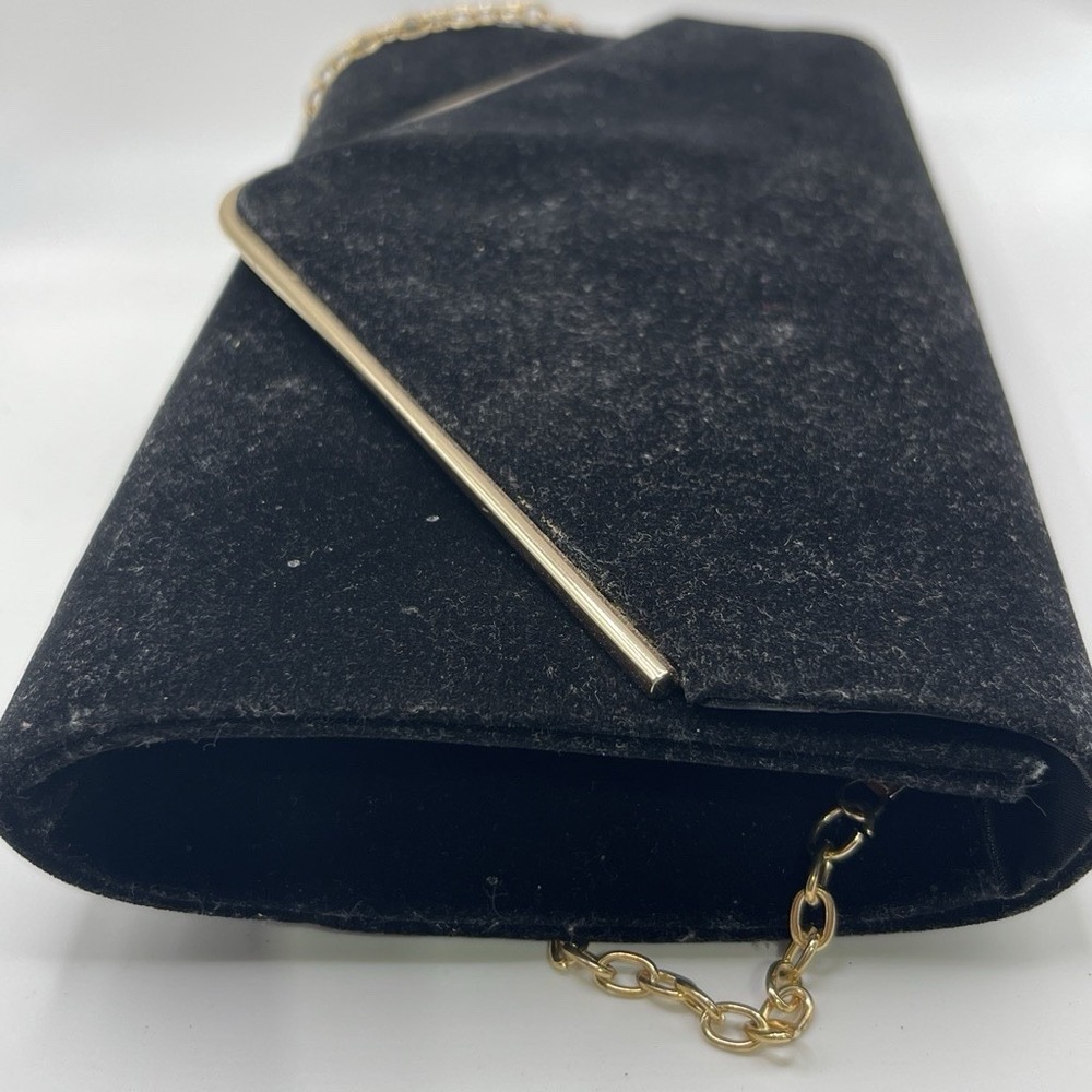 Black Velvet Evening Clutch Purse Gold Tone Chain Formal Wedding Bag - Picture 2 of 6